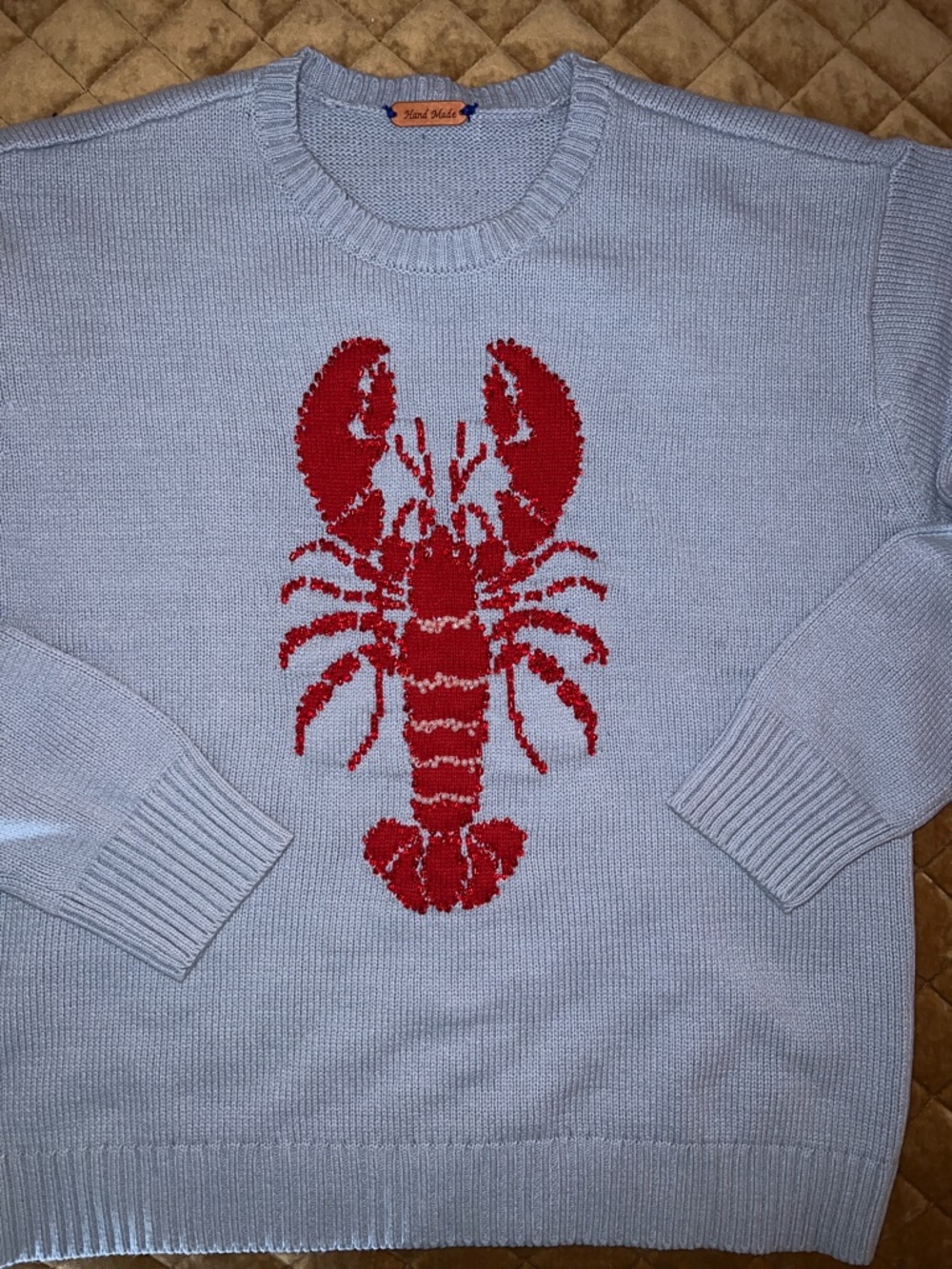 Red Lobster 🦞 Hand Beaded Crewneck Sweater - Light Blue-